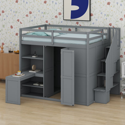 Lit mezzanine avec garde-robe, bureau et tablettes