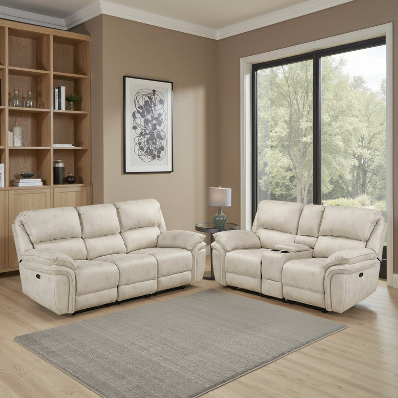 Larner Modern & Contemporary Polished Microfiber 2-Piece Reclining Set with Power, USB Charging & Storage Console, Beige