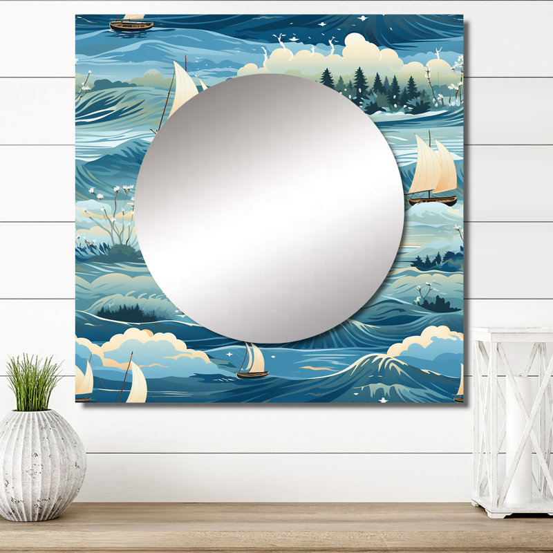 Coastal Tranquility Seaside Landscape - Grand miroir mural carré abstrait pour chambre à coucher, 23 po x 23 po