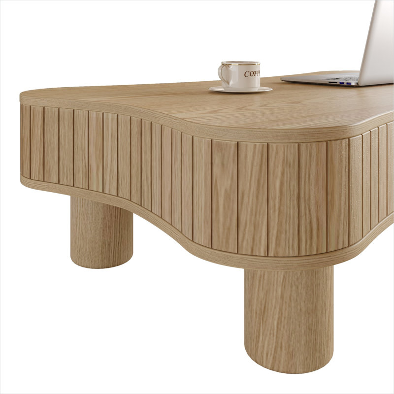 42-Inch Round Coffee Table with Lift Top, Natural-Toned Solid Wood, Fluted Panels, Hidden Storage