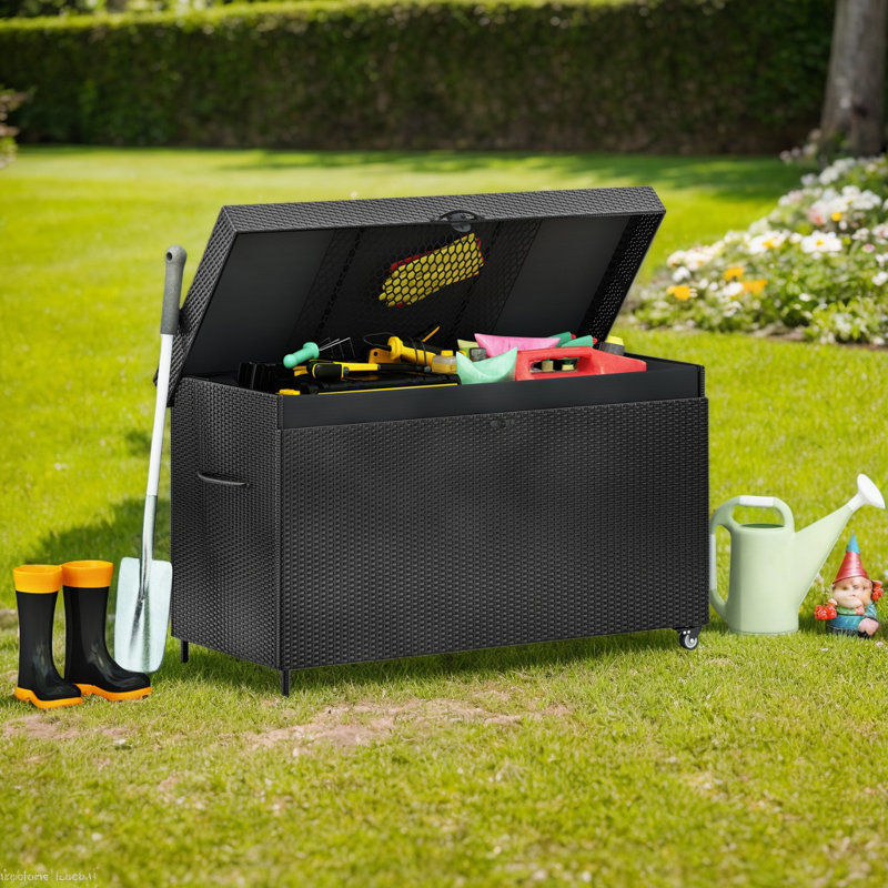 200 Gallon Wicker Deck Box With Wheels, All-Weather Outdoor Storage For Patio, Pool, And Garden Tools, Black