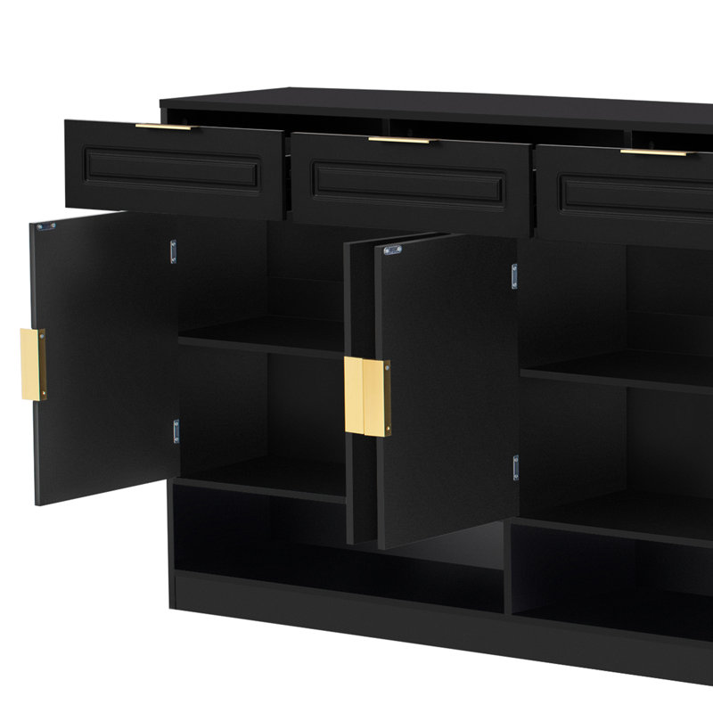 Buffet Farmhouse avec 3 tiroirs et 4 portes, buffet de rangement multifonctionnel de 59,1 po avec tablette réglable et compartiments de rangement ouverts, noir