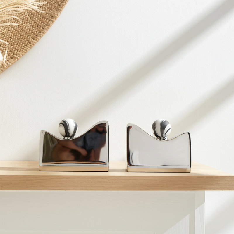 Iron, Wood, and Resin Decorative Vases with Sculptural Design and Removable Accents, Gold