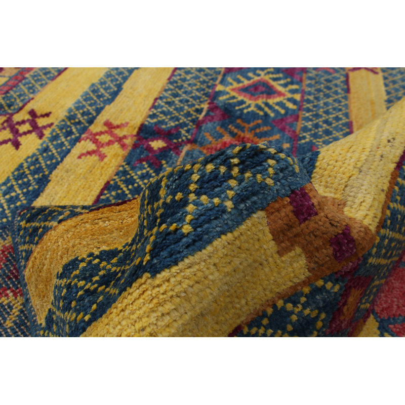 Tapis unique bleu foncé / orange / jaune en laine noué à la main de style années 2010 de 5 pi 5 po x 7 pi 10 po Arcie