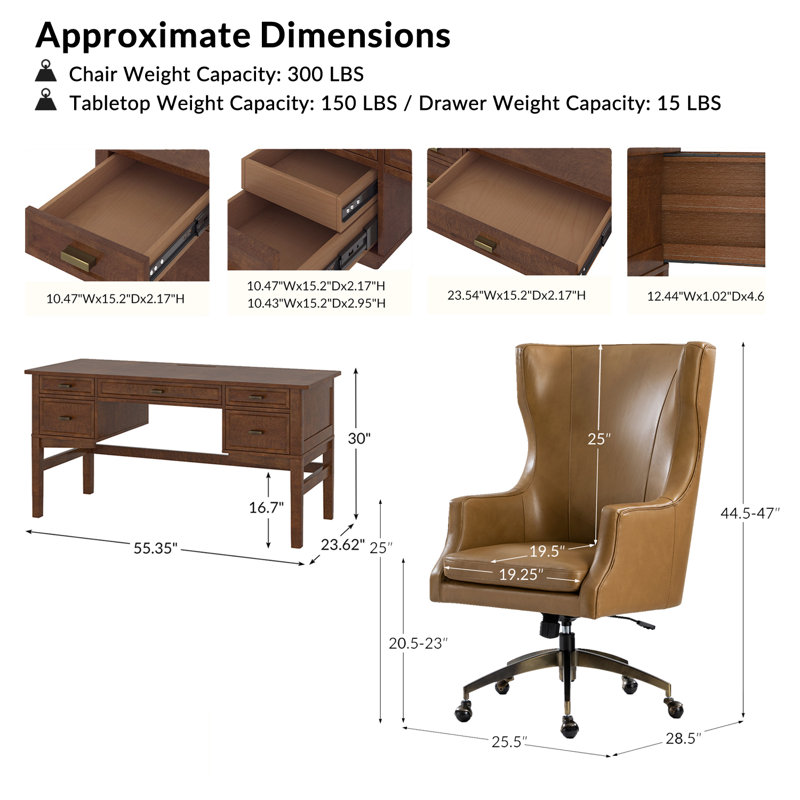 Heeg 2-Piece Office Room Set With Desk And Genuine Leather Office Chair, Camel
