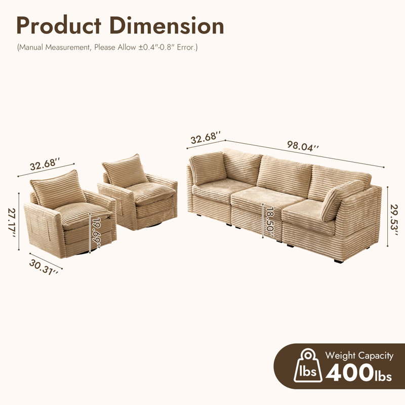 Ensemble de canapé modulaire moelleux 5 pièces avec chaises pivotantes, Velours côtelé beige