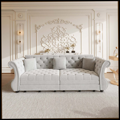 Canapé-lit Chesterfield surdimensionné de 97,6 po, canapé en velours à accoudoirs roulés et capitonnage classique, revêtement pour salon / chambre à coucher / appartement, gris clair