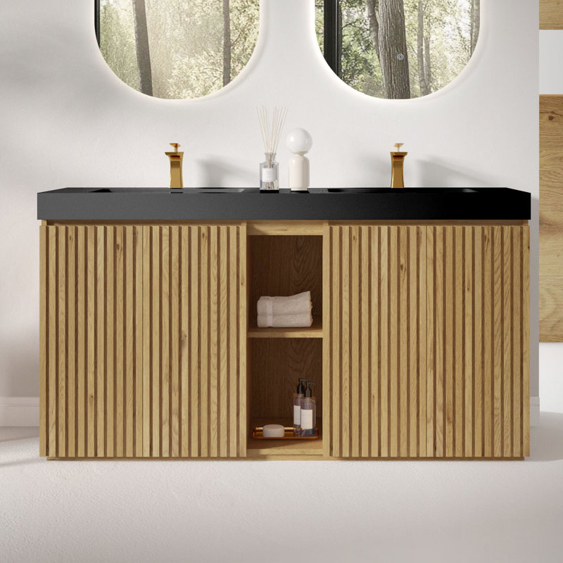 Meuble-lavabo double 60 po avec surface solide 60 po, Noir / Jaune, Monotrou