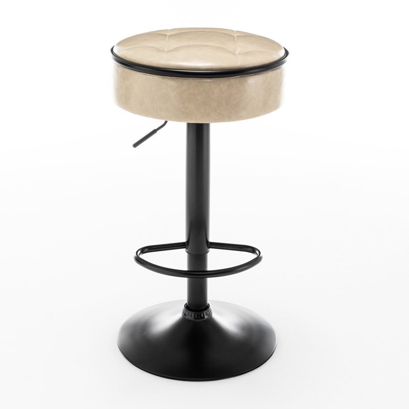 Tabouret de bar rond 2 avec rangement en cuir kaki et pivotant à 360 °, Kaki