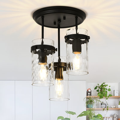Levona 3- Light Semi Flush Mount Ceiling Light with Clear Hammered Glass Shade (Matte Black)