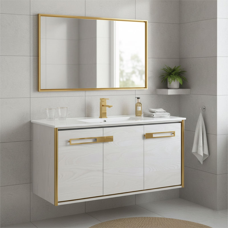 48'' Single Bathroom Vanity with Vitreous China Top, Satin Brass, Mild Gray Oak