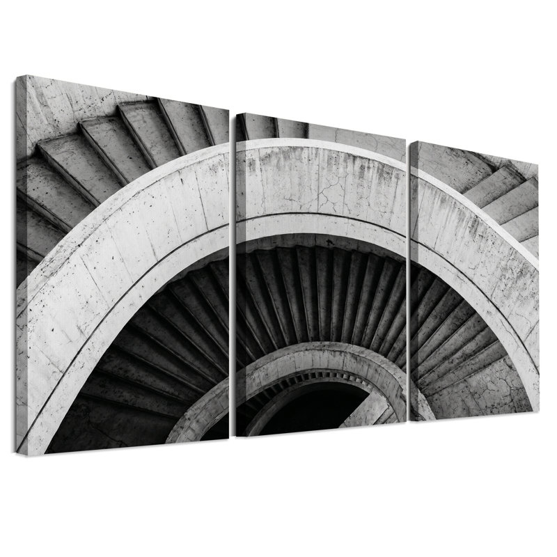 Ensemble de 3 toiles murales représentant un escalier en colimaçon en béton noir et blanc, 24"H x 16"W x 3pcs