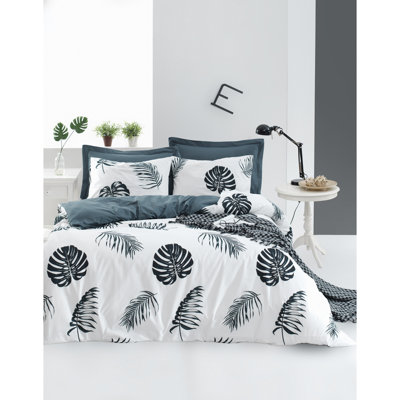 Ensemble de housse de couette 100% coton Monstair blanc / noir / bleu foncé