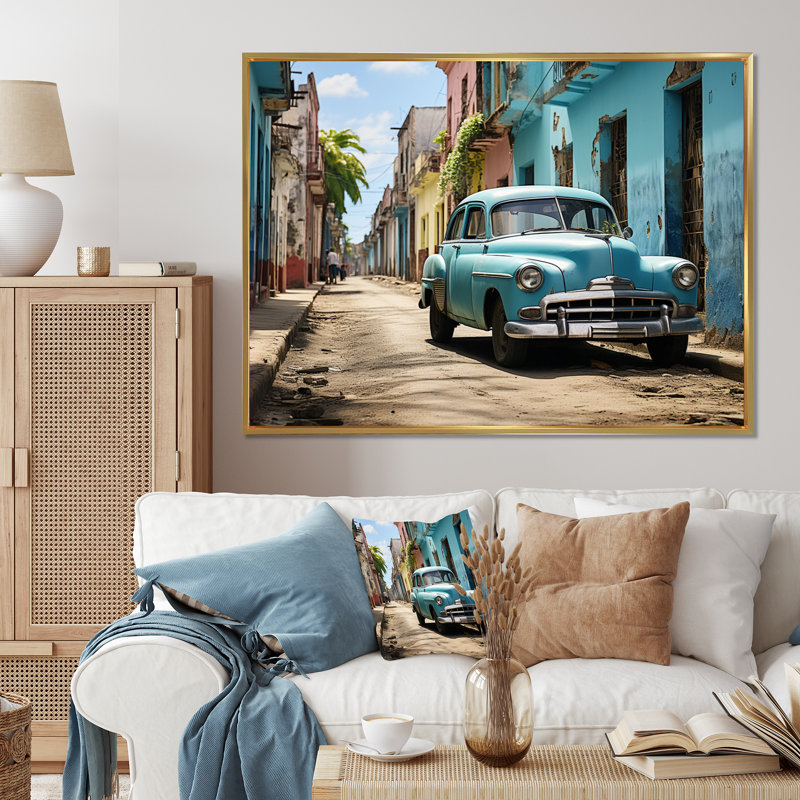 Cuban Classic Blue Car - Transportation Wall Art Living Room, H 24 po x l 32 po, Cadre flottant doré