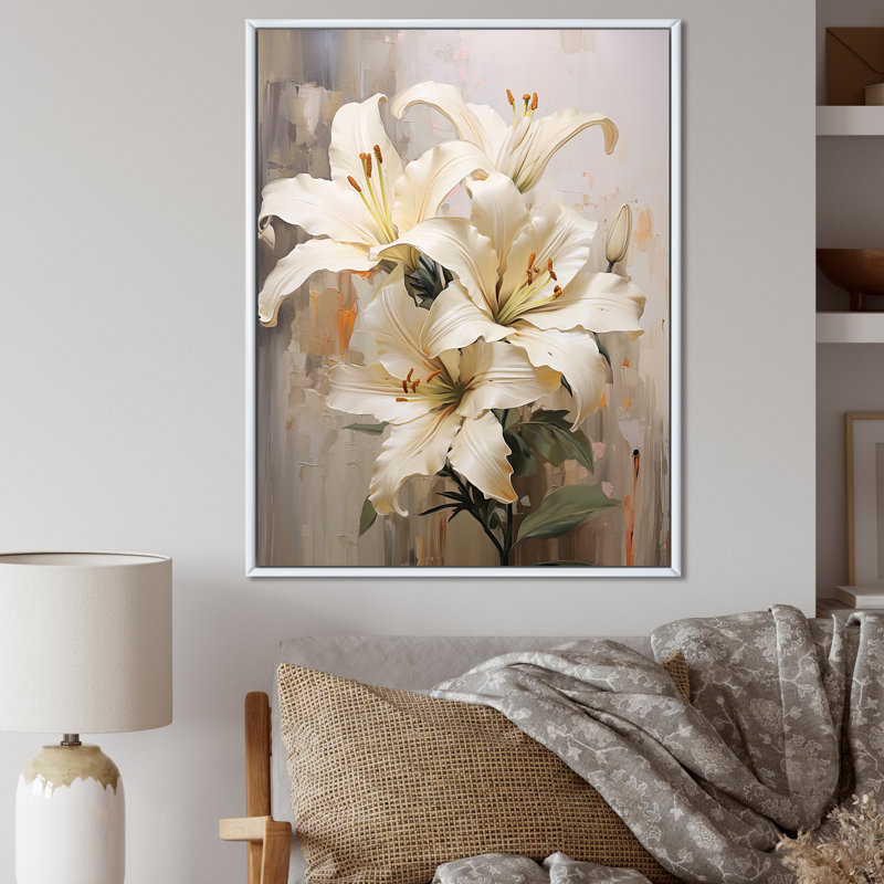 Beige et or Pure Lily Beauty Whispers II - lys, impressions sur toile, Cadre flottant blanc, H 32 po x l 24 po