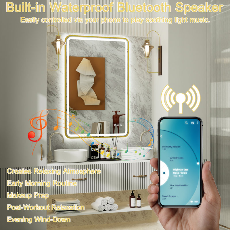 Frame LED Bathroom Mirror with Dual Bluetooth, Front & Back Light, Anti-Fog, 3 Color Temperature & Dimmable Light, IP54 Waterproof, ETL Certified