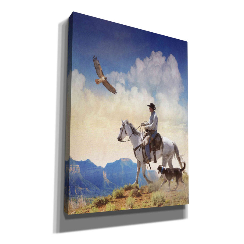 «Cowboy with Dog and Hawk» par Chris Vest, art mural sur toile, H 54 po x l 40 po x P 1,5 po