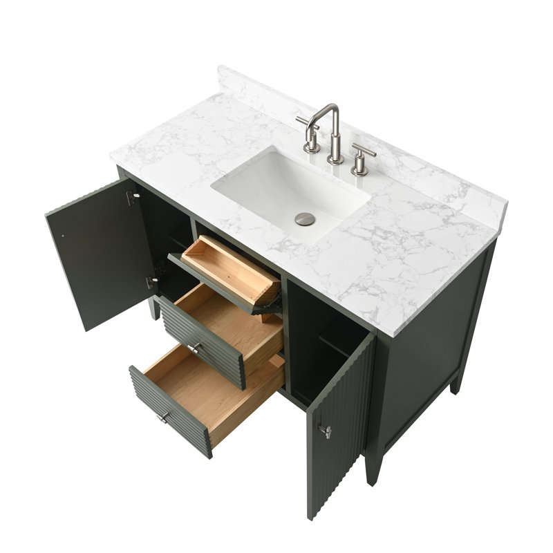 Ensemble de meuble-lavabo autoportant à simple cuve 48 po avec plateau en marbre Lavallon, Nickel brossé, Linéaire vert rétro