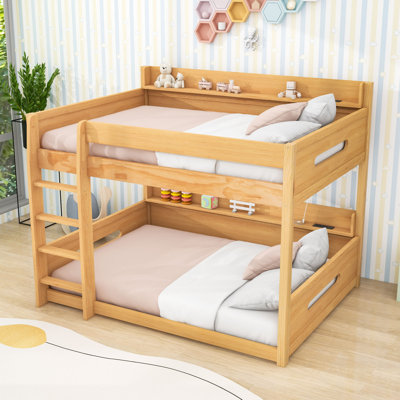 Queen Over Queen Wood Bunk Bed With Shelves, Dual Charging Stations And Guardrails