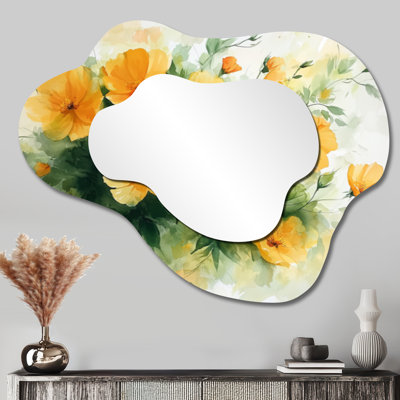 Gloire des jardins de pétunias dans les tons verts et jaunes - miroir asymétrique irrégulier de Petunias, miroir mural traditionnel, imprimé sur métal