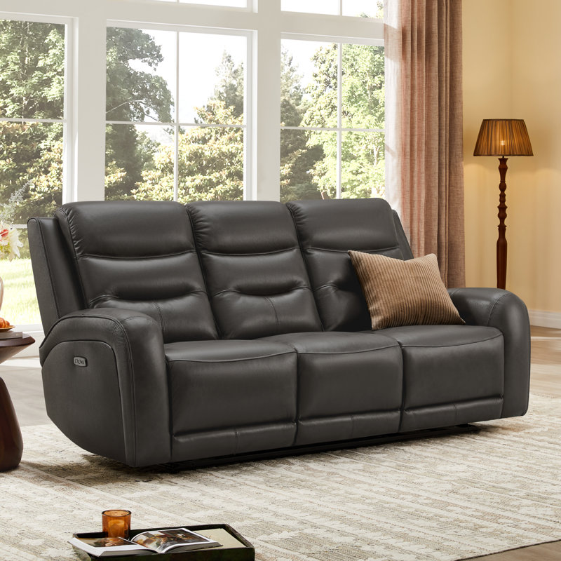 Top Grain Genuine Leather Upholstered Power Reclining Sofa, Dark Gray