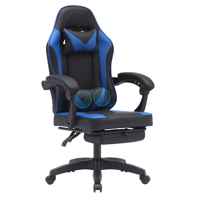 Reclining Ergonomic Faux Leather Swiveling PC & Racing Game Chair with Footrest, Blue, 46.46" H x 23.62" W x 24.40" D