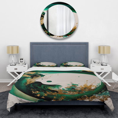 Emerald Green And Gold Abstract Waves II BeddingMicrofiber / Polyester Duvet Cover Set