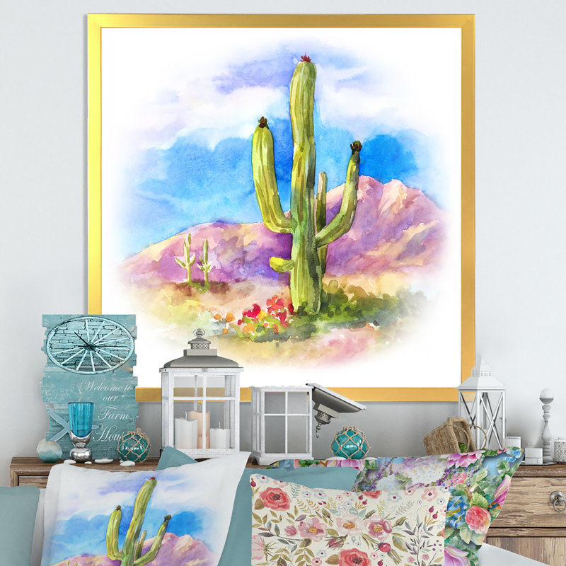 Cactus carnegiea dans le dessert - on, Impression dorée sur toile encadrée, H 36 po x l 36 po x P 1,5 po