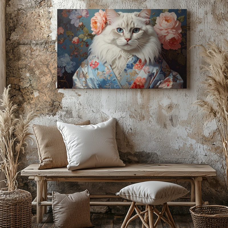 Toile baroque blanc, kimono, portrait floral élégant, étape dans un monde, art mural sur toile prêt à accrocher