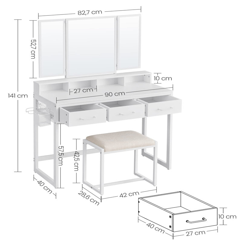 Sagar Dressing Table with Mirror And Stool Vanity Desk Bedroom Furniture, White