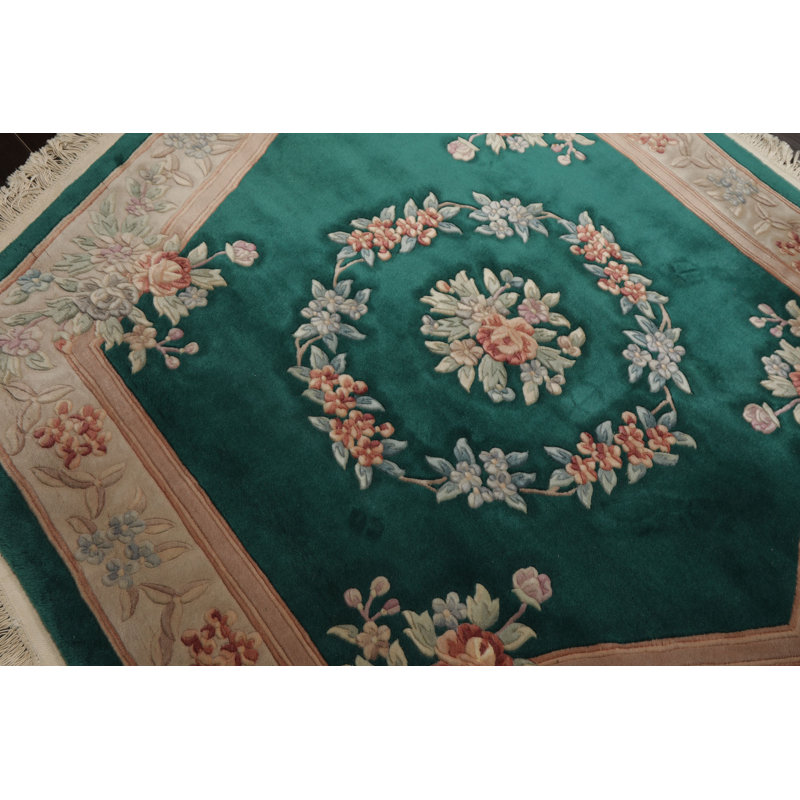 Tapis velouté carré en laine noué à la main émeraude 7 x 7 po Aubusson Savonnerrie