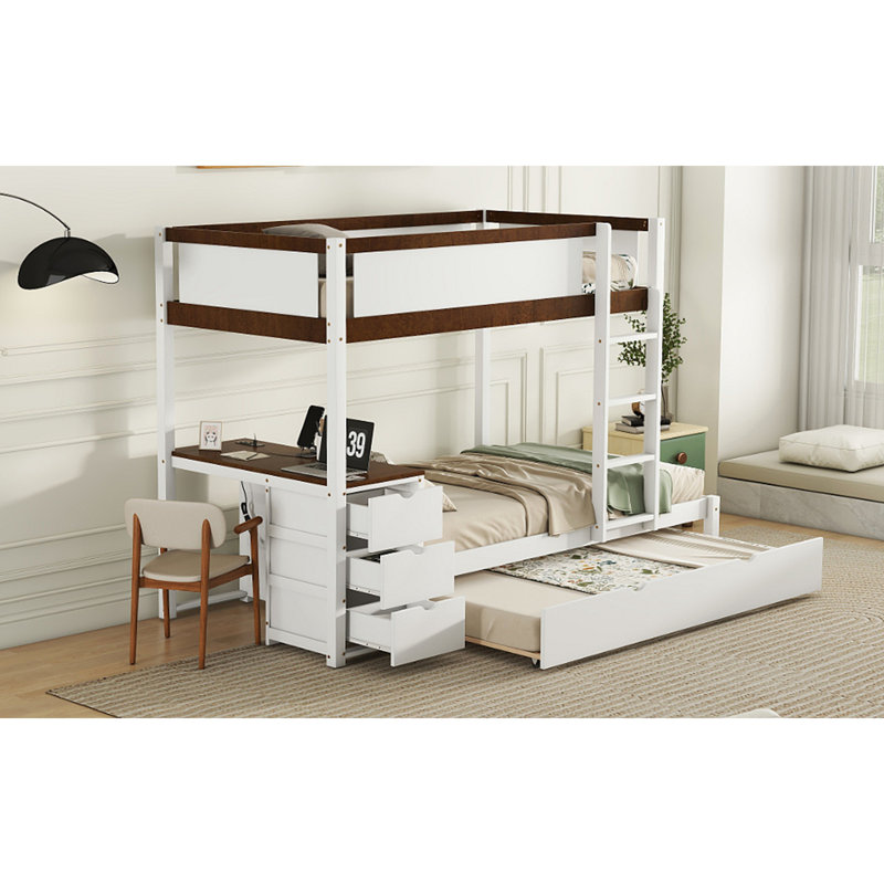 Lit superposé avec lit gigogne, rangement et bureau, Simple sur simple, Blanc/noyer