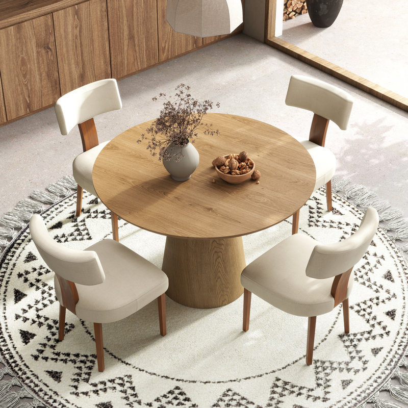 Ensemble de salle à manger à piédestal rond Mid-Century, 5 pièces: table, 4 chaises, Bois, Beige