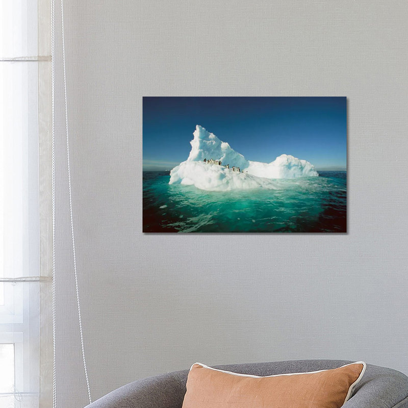 Adelie Penguin Group Riding Sculpted Iceberg, Terre Adelie Land, East Antarctica 1 Piece Wrapped Canvas Wall Art