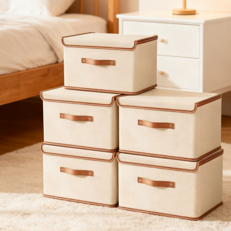 4Pack Storage Bins Boxes with Lids Decorative Storage Boxes Collapsible Fabric Storage Basket Containers Lidded Storage Cube for Bedroom Organizing Closet Home Office