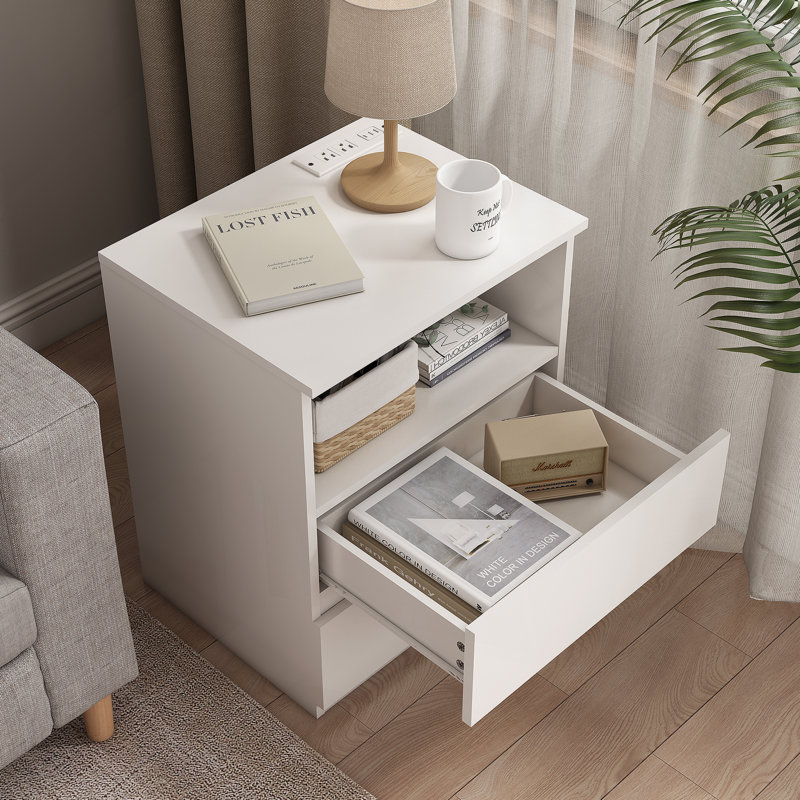 Table de bout avec station de charge USB C rapide, canapé avec 2 tiroirs, grande armoire de rangement moderne en bois pour le salon, la chambre à coucher, le bureau, blanc