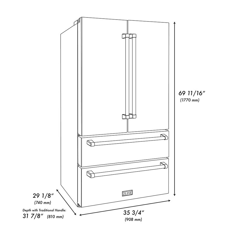 ZLINE Autograph 36 in. Stainless Counter-Depth Fridge w/ Water Dispenser & Gold Helix Handles, Polished Nickel