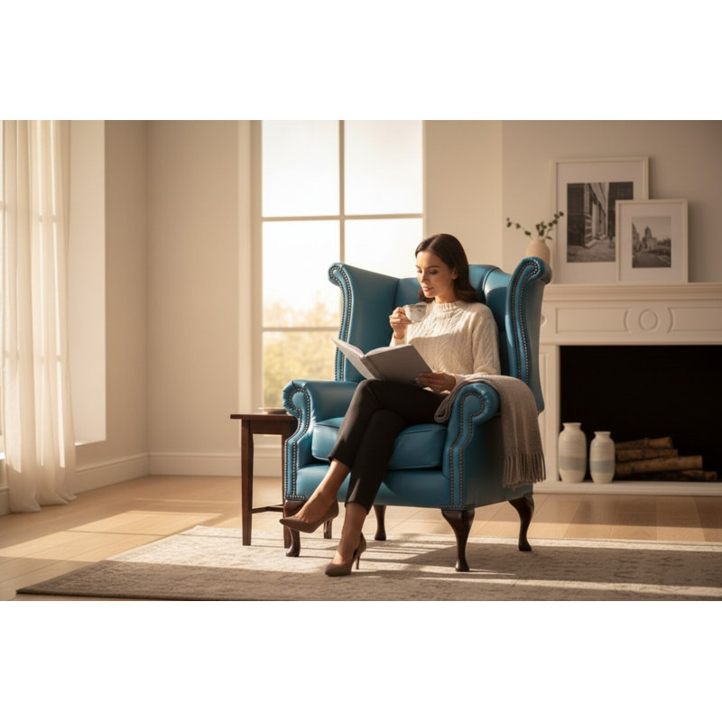 Upholstered Full Grain Leather Wingback Chair