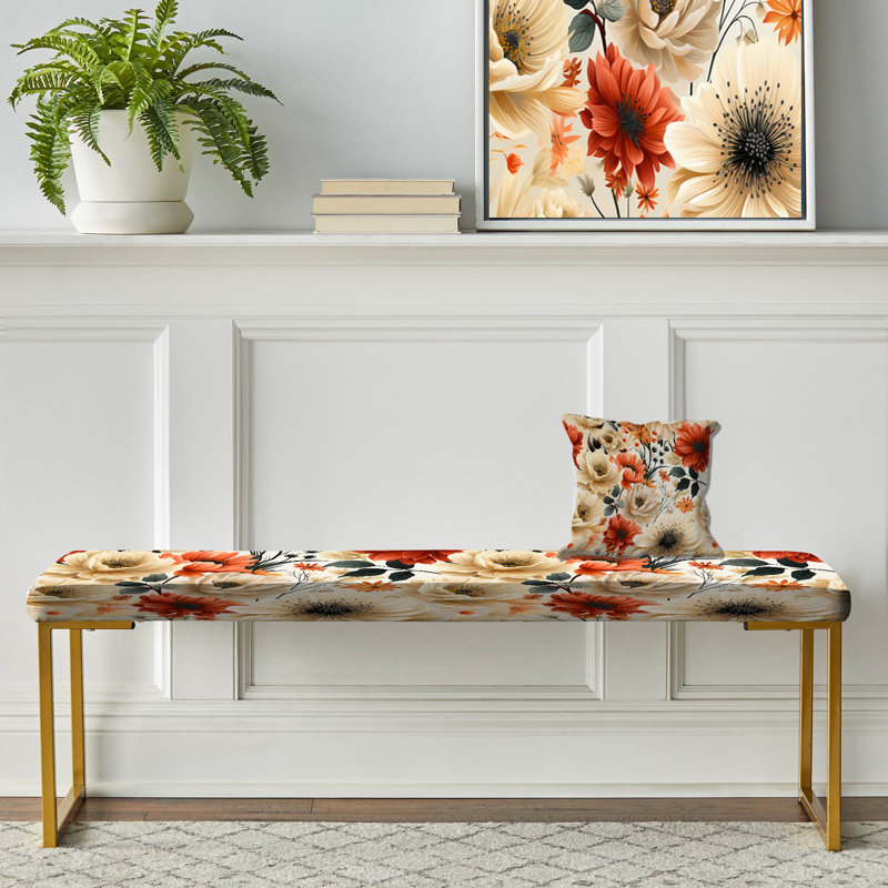 Motif de fleurs rouges et beiges - Banc floral rembourré doré