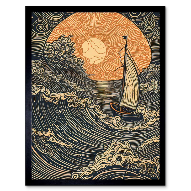 Aart Boat Sailing Into The Sunset Linocut - Single Picture Frame Print