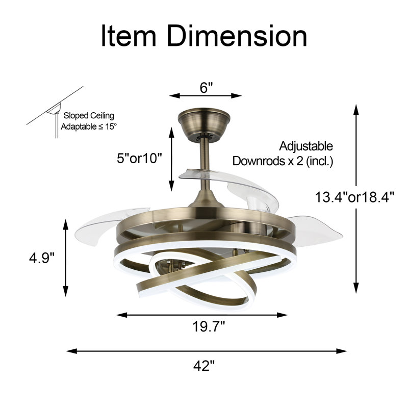 Idaline 42'' Retractable Ceiling Fan with LED Lights and Remote