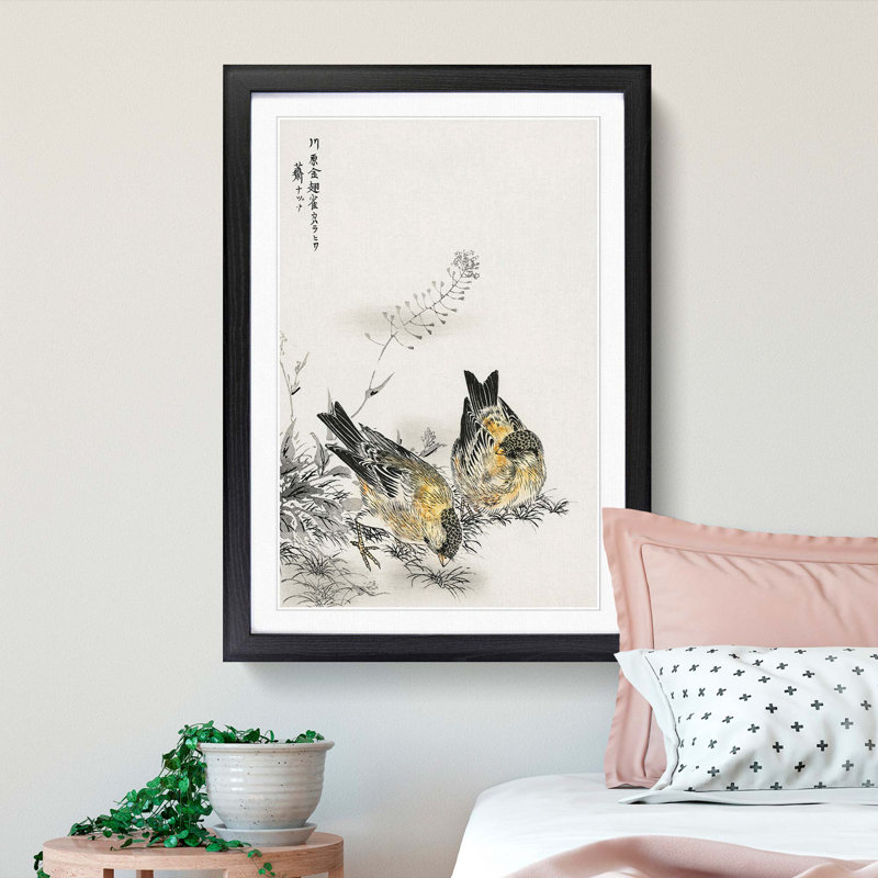 Two Japanese Greenfinch Birds by Numata Kashu - Picture Frame Painting Print, 48cm H x 36cm W x 2cm D, Black Framed