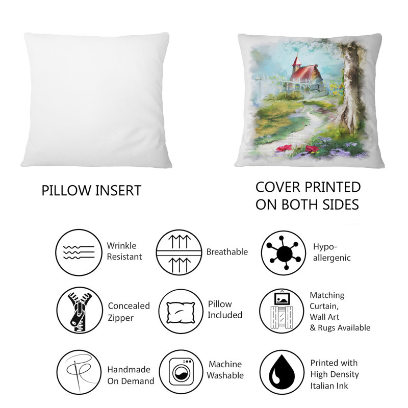 Coussin décoratif petite maison avec toit rouge dans la forêt - 1 campagne