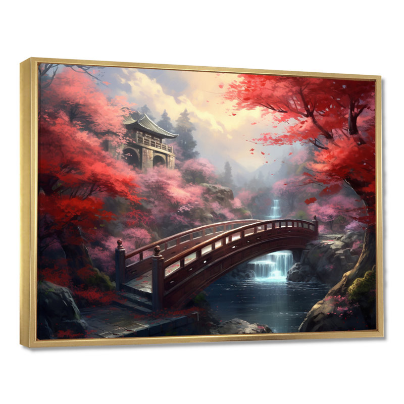 Pont d'automne japonais, arbres de fleurs de cerisier - pont, décoration murale, Cadre doré flottant, bois massif