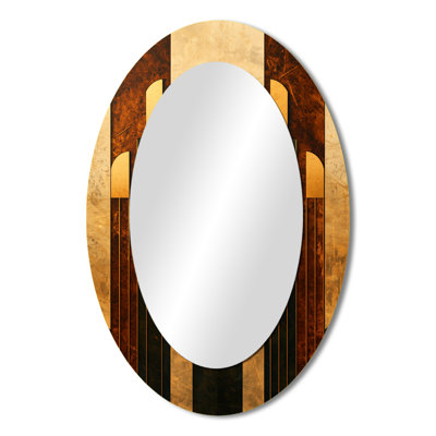 Geometric Walnut Essential Forms VII - Gold Oval Wall Mirror Decor