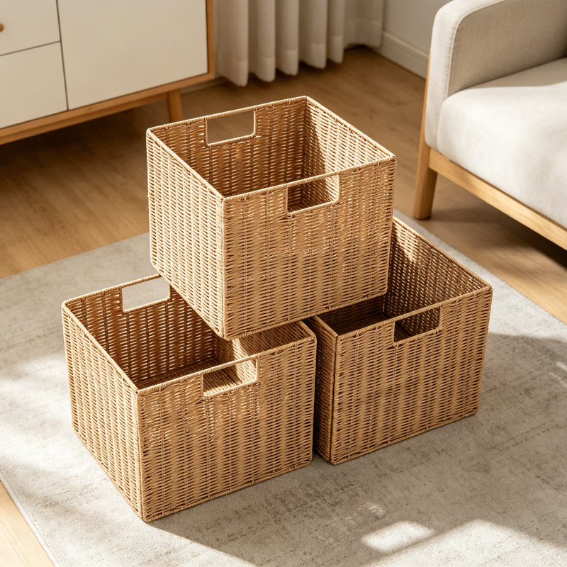 Paniers de rangement pliables, ensemble de 3 paniers de rangement en osier tissé à la main avec poignées pour tablettes, garde-manger, chambre à coucher, salle de bain et salon
