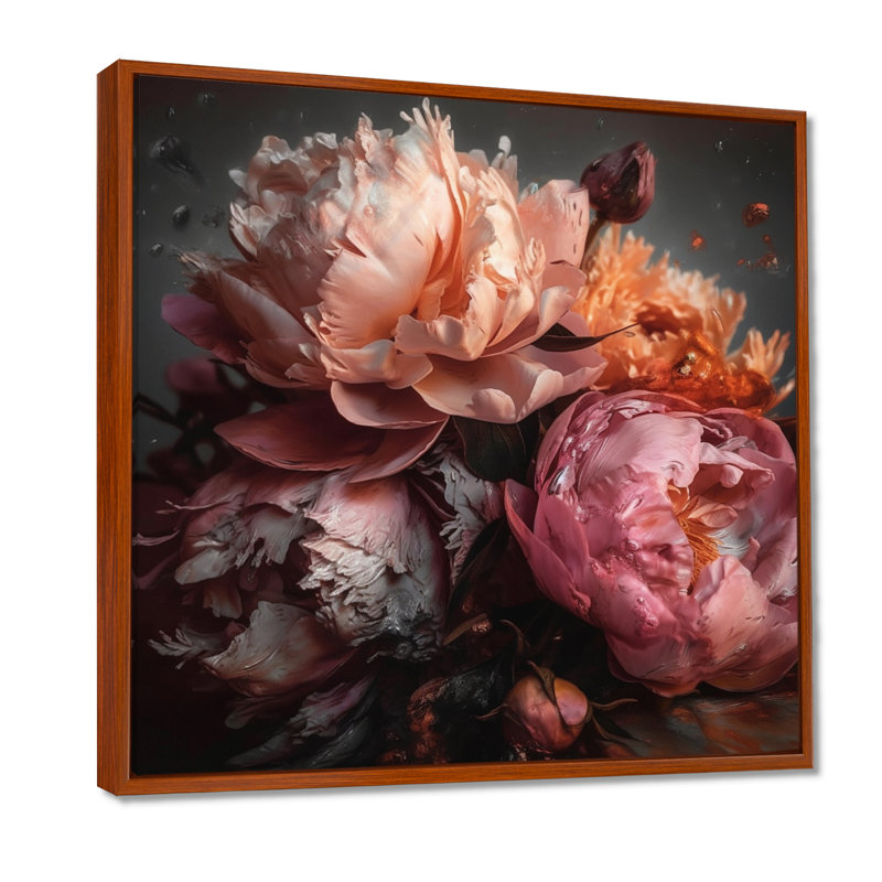 Orange rose, pivoines en fleurs - pivoines, reproduction d'art sur toile encadrée, H 30 po x l 30 po, Cadre flottant brun