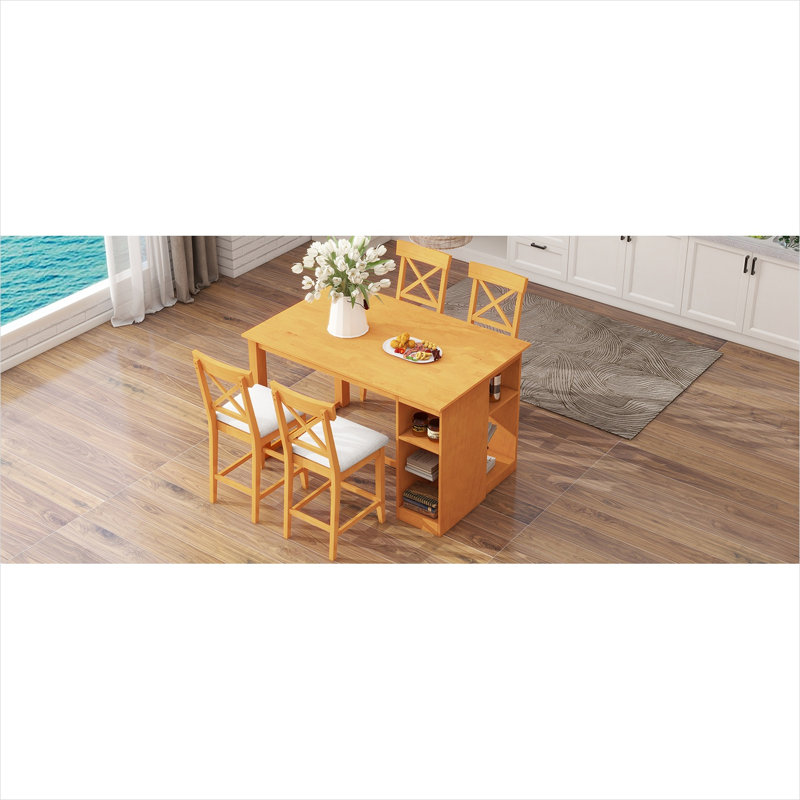Ensemble de salle à manger en bois massif pour 4 personnes, brun classique, avec tablettes de rangement à 3 niveaux et chaises rembourrées