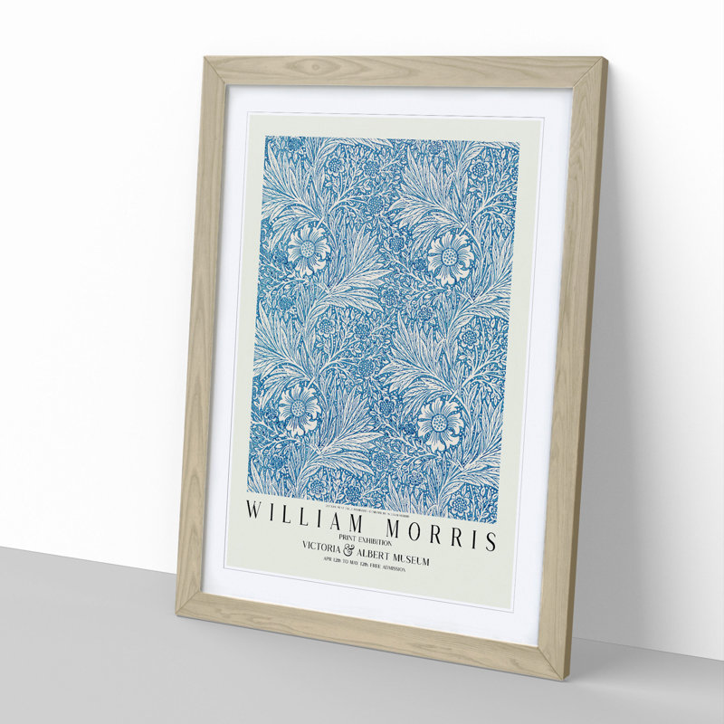 Blue Marigold with Border by William Morris - Picture Frame Painting on MDF, Oak Framed, 48cm H x 36cm W x 2cm D