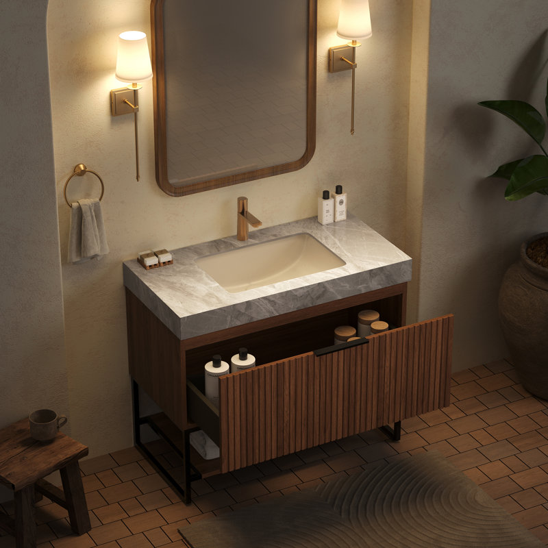 Meuble-lavabo autoportant de 36 po avec lavabo sous-comptoir en céramique noyer foncé, pré-assemblé, tiroir à fermeture en douceur et tablette ouverte